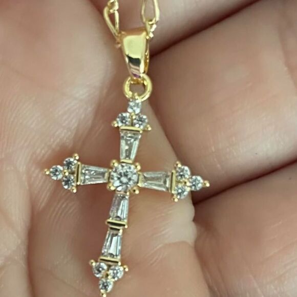 Fashion Jewelry Jewelry - 14K Gold Plated Cross Pendant Necklace Dainty Chain Simulated Diamond Preppy